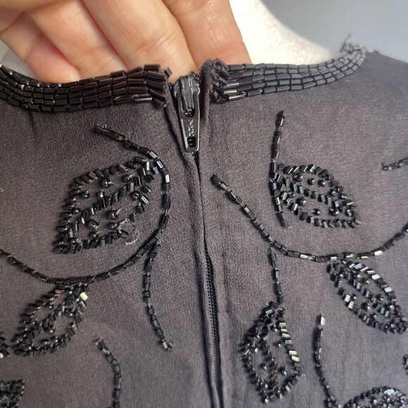Vintage Small Beaded Black Blouse Sheer Sleeve Goth Steampunk Prom Event Lined - Picture 7 of 14